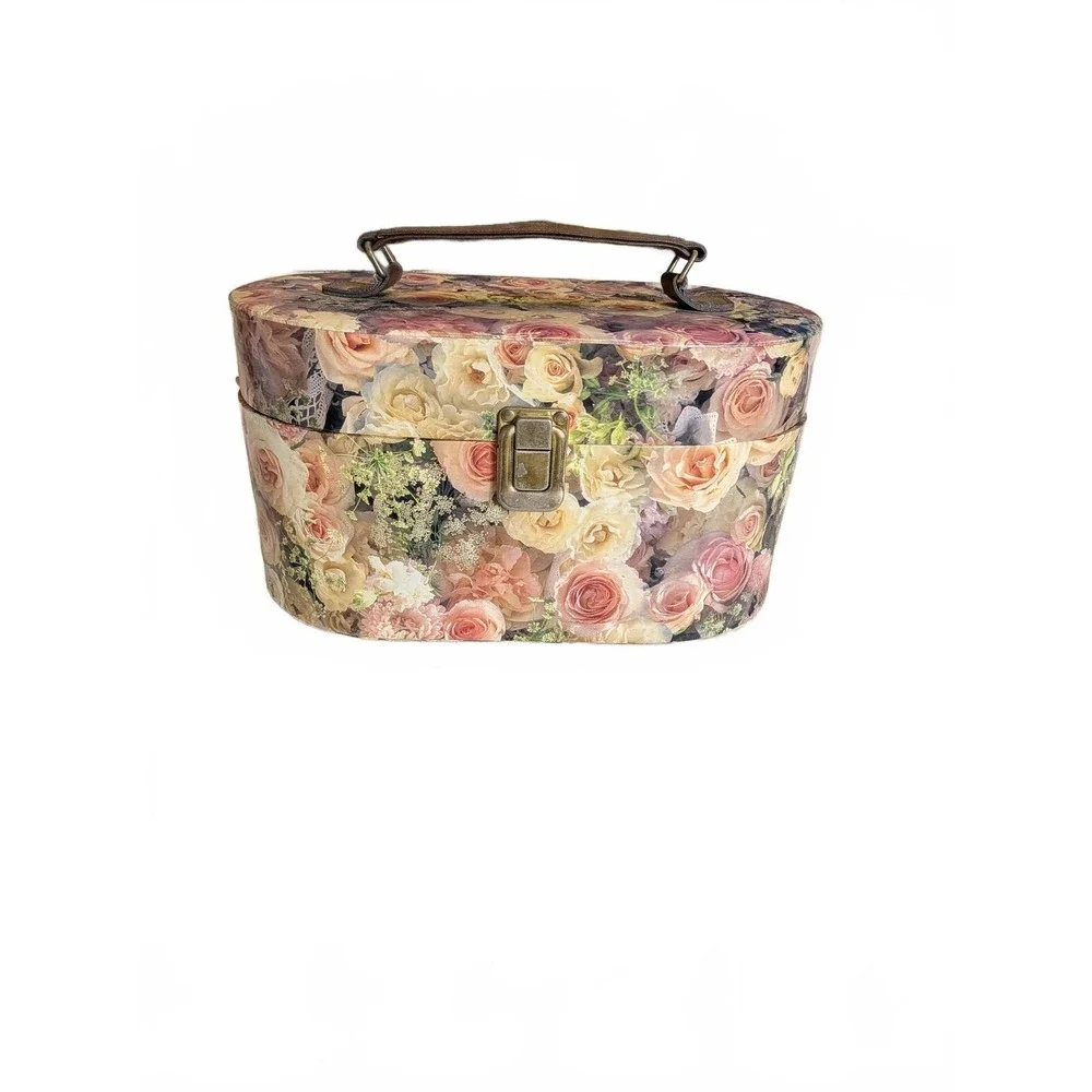 Vintage 90s Floral Decoupage Rose Print Storage Train Case Cottage Core
